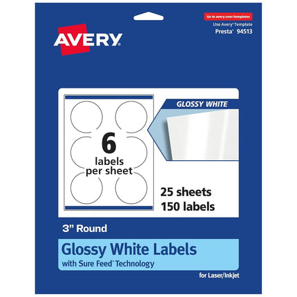 Etiquetas redondas Avery con Sure Feed, 7,6 cm de diámetro, 150 etiquetas blancas brillantes (36501)