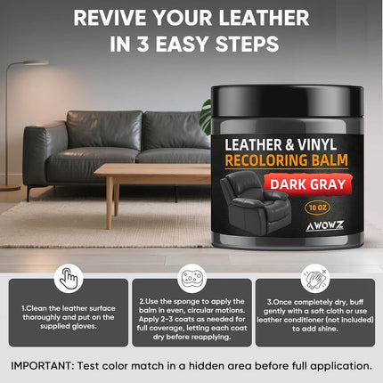 Leather Recoloring Balm 10 OZ Dark Gray for Car Seats, Couch & Furniture