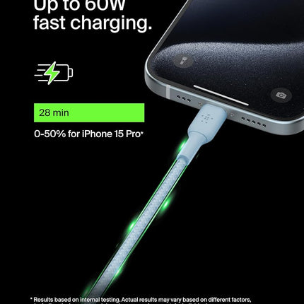 Belkin BoostCharge Braided USB-C to USB-C Cable (1M/3.3ft) for iPhone 16, 16 Pro, 16 Pro Max, 16 Plus, Galaxy S25, S24, Note, Pixel 9, Pixel 8, iPad Pro & More - Blue