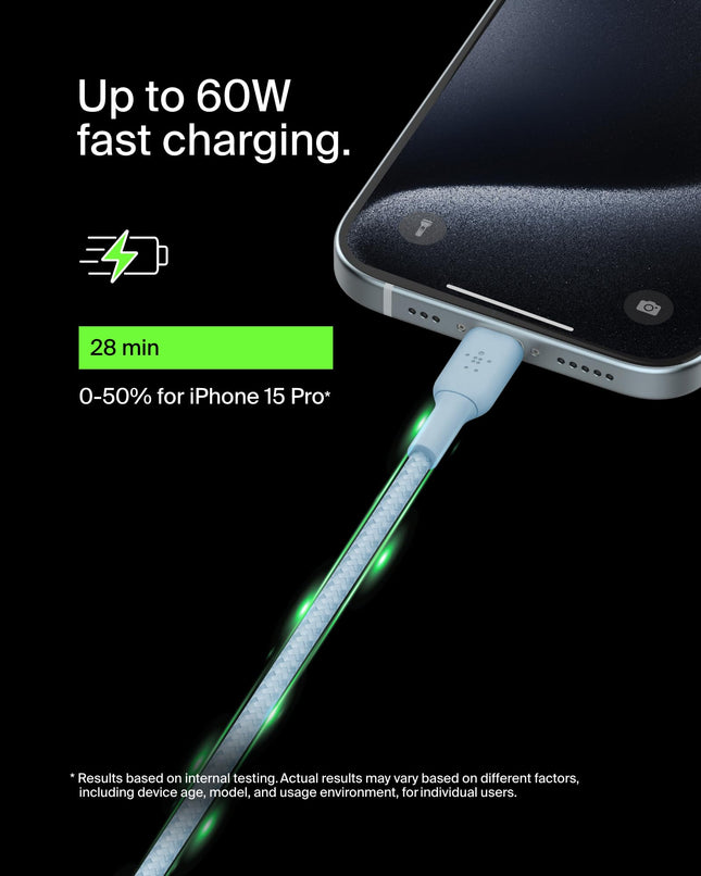 Câble Belkin BoostCharge USB-C vers USB-C tressé (1M/3.3ft) pour iPhone 16, 16 Pro, 16 Pro Max, 16 Plus, Galaxy S25, S24, Note, Pixel 9, Pixel 8, iPad Pro et plus - Bleu