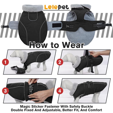 Lelepet Warm Dog Coats for Large Dogs Waterproof Dog Jacket Reflective Pet Fleece Vest Windproof Cold Weather Coats with Adjustable Buckle & Leash Hole, Black, M