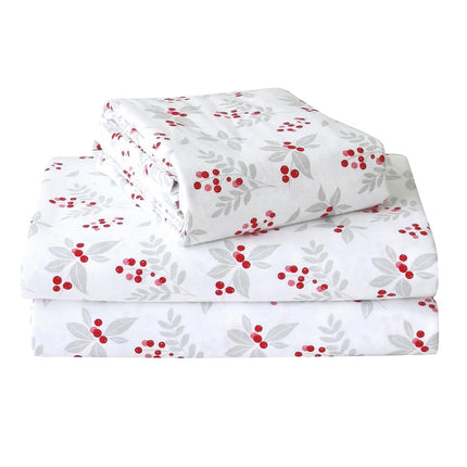 Elegant Comfort Ultra Soft 4-Piece 100% Turkish Cotton Flannel Sheet Set - Holiday Christmas Flannel Sheets, Warm and Cozy Premium Quality, Deep Pocket Fitted Sheet- Twin XL, Holly Flower