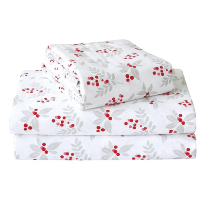 Elegant Comfort Ultra Soft 4-Piece 100% Turkish Cotton Flannel Sheet Set - Holiday Christmas Flannel Sheets, Warm and Cozy Premium Quality, Deep Pocket Fitted Sheet- Twin XL, Holly Flower