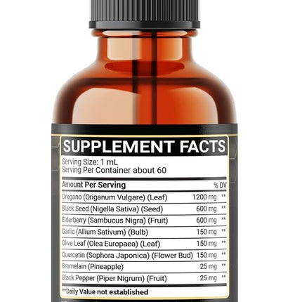 Penhoment 8in1 Oil of Oregano Drops with Black Seed Oil Liquid | Contains Carvacrol | Garlic, Elderberry, Olive Leaf, Quercetin, Bromelain - 2 Fl Oz
