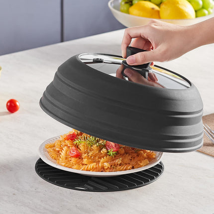 Cubierta y alfombrilla antisalpicaduras para microondas VEVOR, tapa de microondas plegable de 10.8" para alimentos, protector antisalpicaduras de silicona y vidrio templado resistente al calor de 500°F para platos, utensilio de cocina multiusos con asa