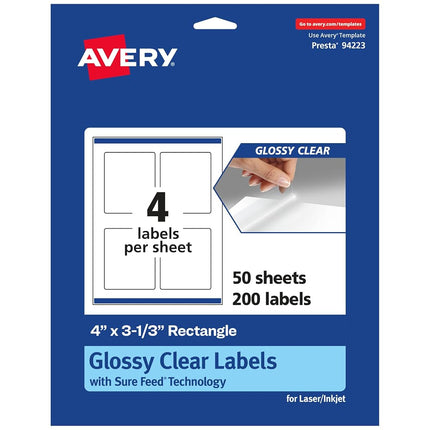 Avery Glossy Clear Rectangle Labels with Sure Feed, 4" x 3-1/3", 200 Glossy Clear Labels, Print-to-The-Edge, Laser/Inkjet Printable Labels