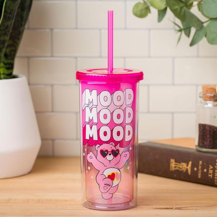Silver Buffalo Care Bears Love-A-Lot-Bear Mood Plastic Tall Cold Cup with Lid and Straw, 20 Ounces
