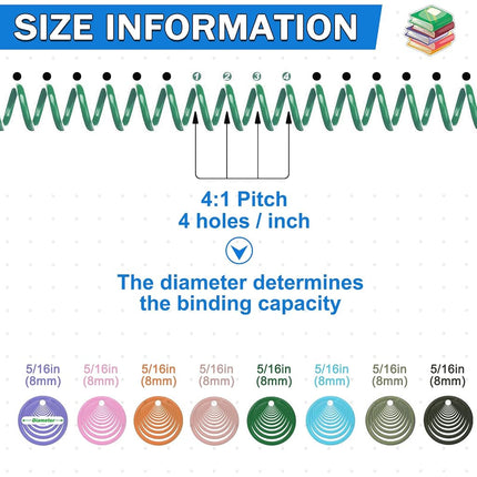 120 Pack Plastic Spiral Binding Coils Binder Binding Spirals Rings Multi Size Spiral Binding Wire Combs Spines Coils, 4:1 Pitch (Pastel Color, 5/16 Inch)