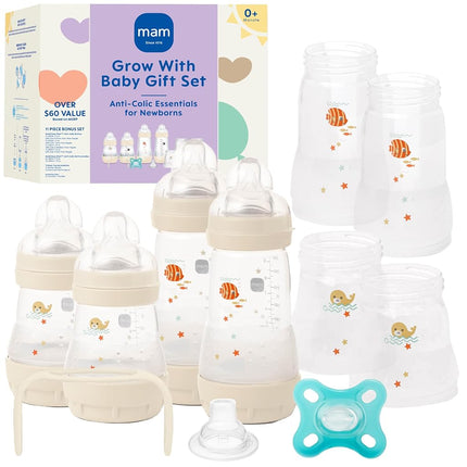 Set de regalo para bebés MAM, el mejor chupete y biberón para bebés lactantes, Set "Crece con tu bebé", unisex, 19 unidades, blanco, biberones de 5 oz y 9 oz.