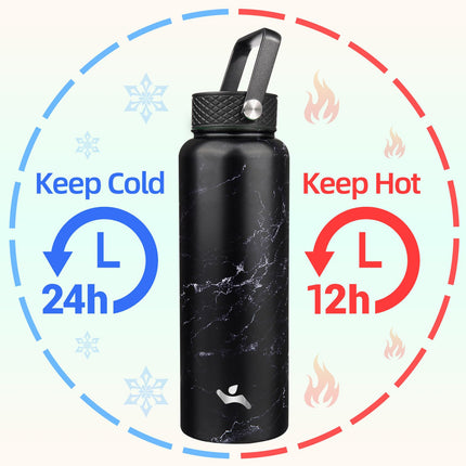 Konokyo 40oz Insulated Water Bottle Sport Stainless Steel Water Bottles with 3 Lids,Marble Midnight