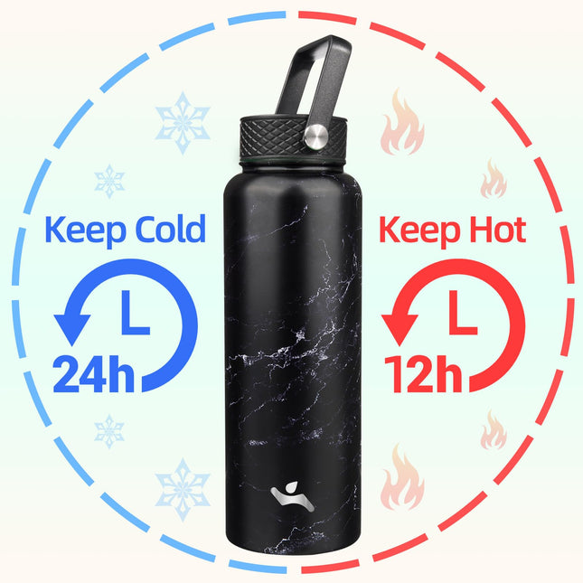 Konokyo 40oz Insulated Water Bottle Sport Stainless Steel Water Bottles with 3 Lids,Marble Midnight