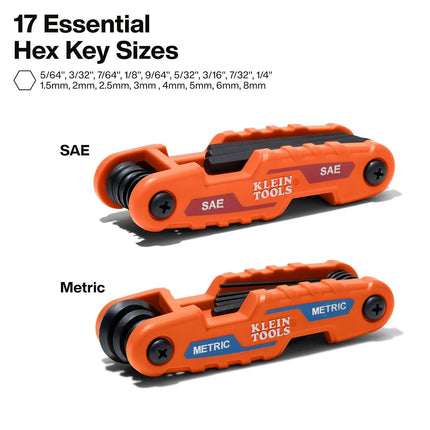 KLEIN TOOLS Folding Hex Key Set, Metric & SAE, 17-Key, Portable, High-Leverage Blades, 2-Pack