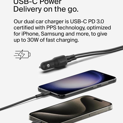 Belkin BoostCharge Dual Car Charger 42W w/Fast Charge USB-C 30W PPS & 12W USB-A Ports + USB-C to USB-C Cable for Apple iPhone 16, 16 Pro, 16 Pro Max, iPhone 15, Samsung Galaxy S24, & More - Black
