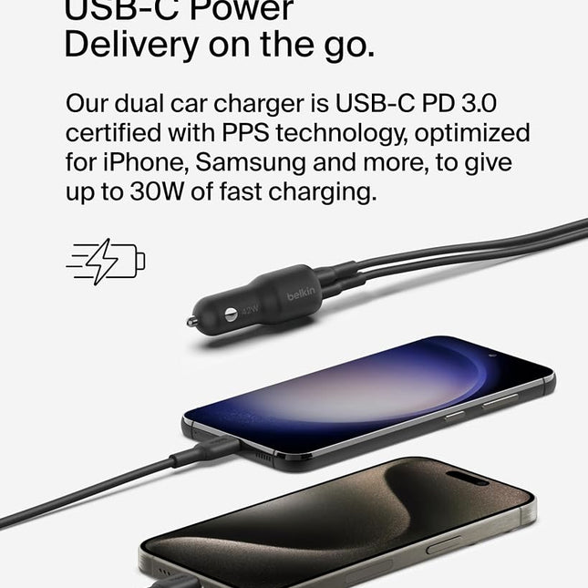 Belkin BoostCharge Dual Car Charger 42W w/Fast Charge USB-C 30W PPS & 12W USB-A Ports + USB-C to USB-C Cable for Apple iPhone 16, 16 Pro, 16 Pro Max, iPhone 15, Samsung Galaxy S24, & More - Black
