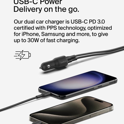 Belkin BoostCharge Dual Car Charger 42W w/Fast Charge USB-C 30W PPS & 12W USB-A Ports + USB-C to USB-C Cable for Apple iPhone 16, 16 Pro, 16 Pro Max, iPhone 15, Samsung Galaxy S24, & More - Black