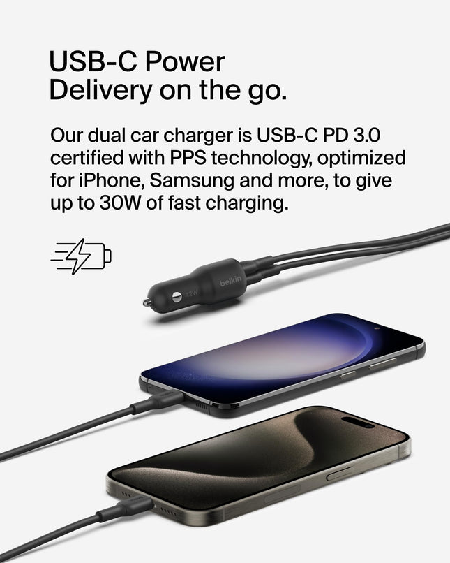 Chargeur de voiture double Belkin BoostCharge 42 W avec ports USB-C 30 W PPS et USB-A 12 W à charge rapide + câble USB-C vers USB-C pour Apple iPhone 16, 16 Pro, 16 Pro Max, iPhone 15, Samsung Galaxy S24 et plus - Noir