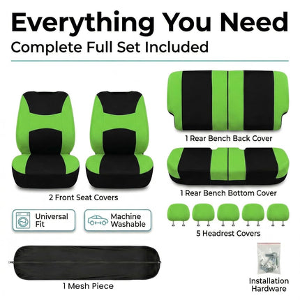 FH Group Light & Breezy Cloth Car Seat Covers, 7 Seater Three Row Set- Airbag & Split Ready -Universal for Cars Trucks and SUVs (Green/Black)