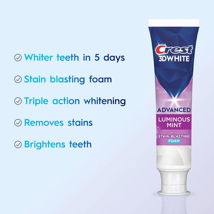 Crest 3D White Toothpaste, Advanced Luminous Mint, Teeth Whitening Toothpaste, 3.7 Oz (Pack of 4)