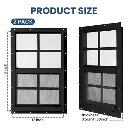 COLORPAPA 2 Pack Shed Windows,12" x 18" Small Sliding Windows,Flush Mount Windows with Tempered Glass and Fiberglass Screen for Shed, Chicken Coop, Playhouse, Household, Garage, Barns (Black)
