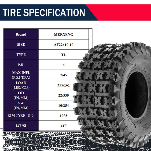 MERXENG AT23X7-10 4PR TL Tire - All Terrain 23x7-10 Tires, Rim 10x5.5, OD 22.5in, SW 7in, Max Load 235lbs, LCI/SI 30F