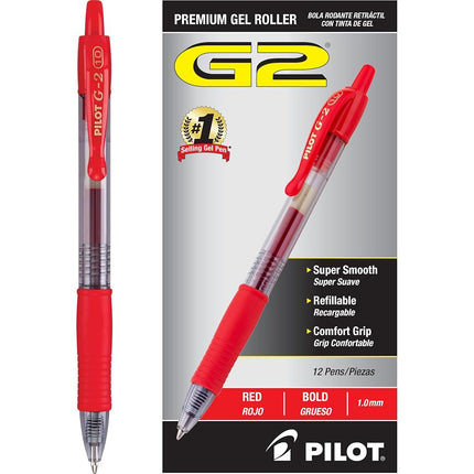 Pilot G2 Retractable Premium Gel Ink Roller Ball Pens, Bold Point, Red Ink, Dozen Box (31258)