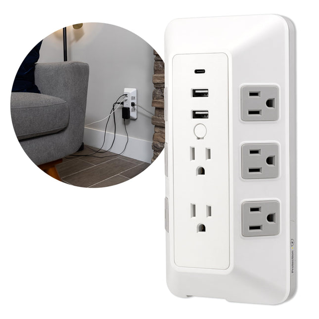 Protector de sobretensión GE de 8 tomas con cable de extensión y toma de corriente USB para oficina en casa 2000J 2 USB-A 1 USB-C Blanco/Gris - 73654