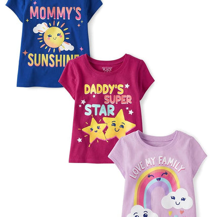 The Children's Place T-shirts graphiques à manches courtes assortis pour bébés filles et tout-petits, paquets multiples, Amour Famille/Maman Soleil/Étoile de Papa, 3T