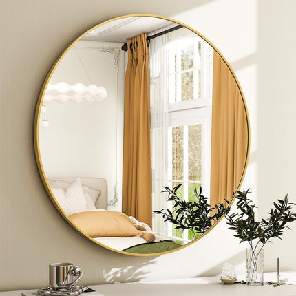 30 Inch Round Bathroom Mirror - Gold Wall Mounted Circle Mirror with Metal Frame, Modern Round Hanging Mirror Suitable for Bathroom, Vanity, Entryway, Living Room