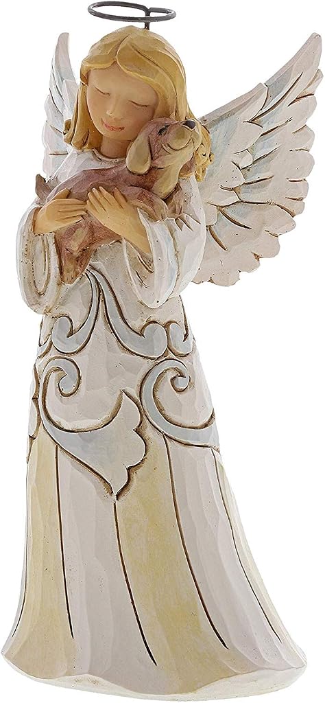 Enesco Jim Shore Heartwood Creek White Woodland Farmhouse Angel with Dog Figurine, 5.2 Inch, Multicolor