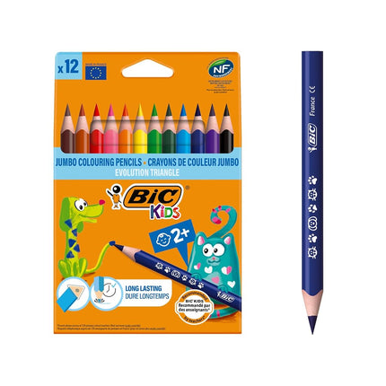 BIC Kids Evolution Triangle Coloured Pencils, Colouring Pencils Ideal for Small Kids 2 Years and Up to Place Fingers, Extra Resistant BIC Pencils, School Supplies, 12 Pack