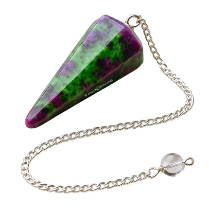 Ruby Zoisite Crystal Pendulum for Divination - Dowsing Pendulum with Chain and Crystal Ball for Reiki Healing and Crystal Grid Meditation