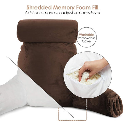 Clara Clark Reading, Bed Rest Arms for Kids Teens & Adults Premium Shredded Memory Foam TV Pillow, Large, Brown