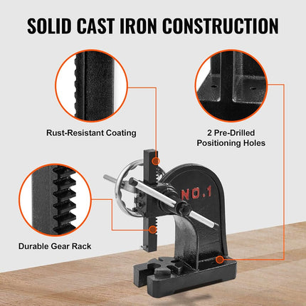 VEVOR Arbor Press, 1 Ton Manual Arbor Press with Handwheel, 15cm Maximum Height, Cast Iron Heavy-duty Manual Desktop Arbor Press, Precision Hand Press for Stamping, Bending, Stretching, Forming