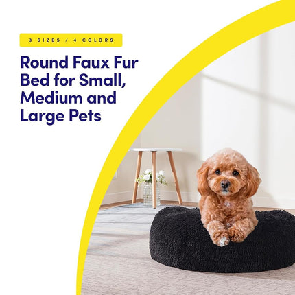 Dog & Cat Bed: Round Faux Fur Pet Bed - Plush, Cozy, & Calming Donut Bed for Small Pets - Soft & Comfortable Sleeping Cushion for Napping & Lounging, 20" Round, Black