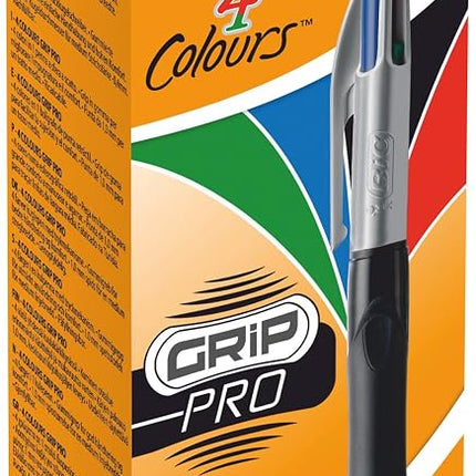 BIC 4 Colours Grip Pro Retractable Medium Point (1.0 mm) Ballpoint Pens, 12 Pens And Each Pen Contains 4 Colours