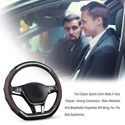 Ergocar Car Steering Wheel Cover Non-slip Car Steering Wheel Protector Sport D-shape Carbon Fiber & First Layer Cowhide Universal For Diameter 38cm(15") (D-Black)