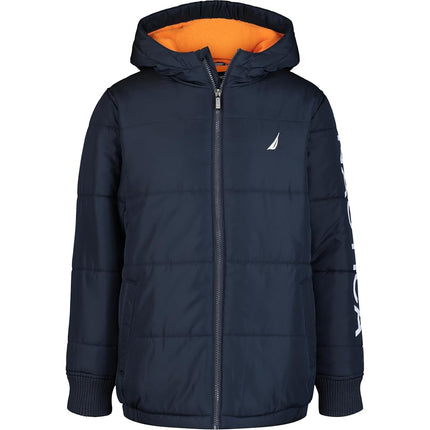 Nautica Boys' Heavy Weight Hooded Bubble Jacket with Polar Fleece Lining, New Sport Navy, 8