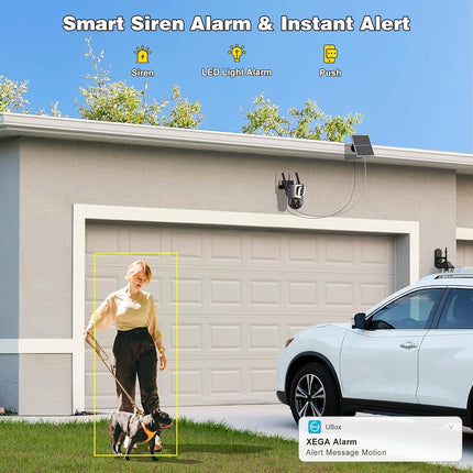 Xega 4G【Dual Lens】 Security Camera Outdoor with SIM Card, 14400mAh Solar Powered Wireless No WiFi Security Camera, 2K HD PTZ CCTV with Human Detection Spotlight Siren Alert TF Cloud Storage IP66