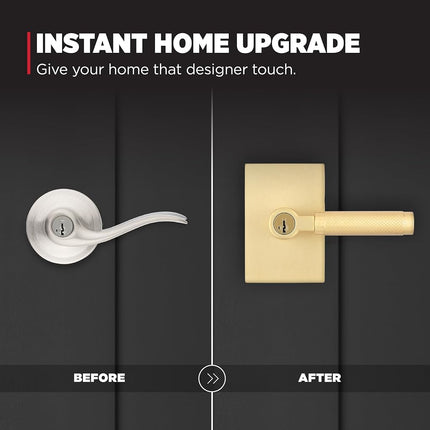 Manilla de puerta de entrada Kwikset Prava con cerradura y llave, manilla exterior reversible con llave de seguridad, para entrada principal y dormitorios, latón satinado, seguridad Smartkey Rekey resistente a robos y Microban