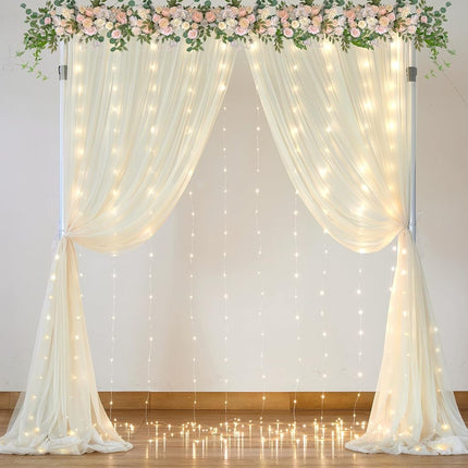 Ivory Sheer Backdrop Curtains with Lights String for Parites Wedding 10×8ft Tulle Backdrop Curtains for Baby Shower Birthday Party Bridal Shower Christmas Photo Shoot Background Decorations