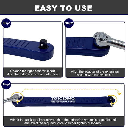 TOLCHENO Offset Extension Wrench Set, Pro Zero Offset Extension Wrench Extender Tool with 1/4", 3/8", 1/2" Square Drive Adapters - Universal Extension Wrenches for Tight Spaces (Blue)