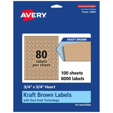 Avery Kraft Brown Heart Labels with Sure Feed, 75" x .75", 8,000 Kraft Brown Labels, Print-to-The-Edge, Laser/Inkjet Printable Labels