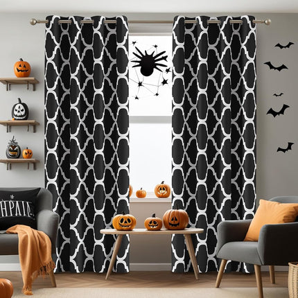 Melodieux Moroccan Fashion Thermal Insulated Room Darkening Blackout Grommet Curtains for Living Room, 42 by 96 Inch, Black (2 Panels)