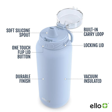 Ello Cooper Vacuum Insulated Stainless Steel Water Bottle with Soft Straw and Carry Loop, Double Walled, Leak Proof, Halogen Blue, 40oz