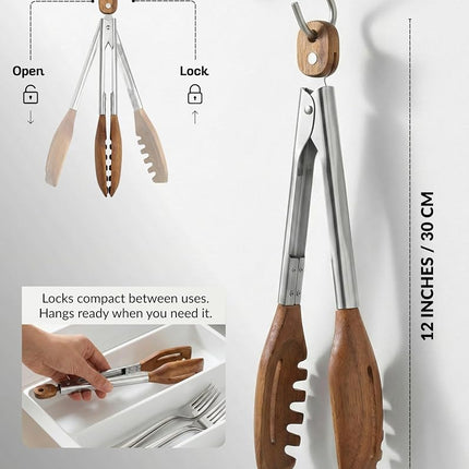 3-in-1 Kitchen Tongs & Pasta Server – 12 Inch Walnut Multifunction Tongs with Slotted Forked & Flat Tips for Pasta, Salad, Cooking and More – Elegant, Heat-Resistant Food Tongs for Home Cooks & Chefs
