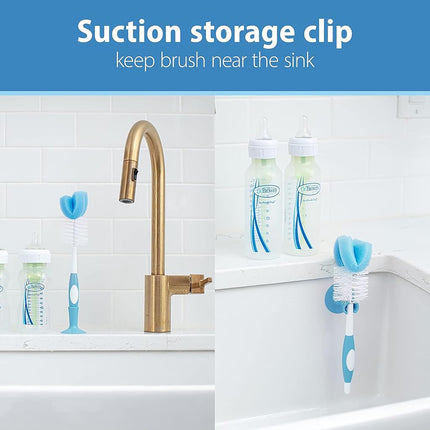 Dr. Brown’s Reusable Sponge Baby Bottle Cleaning Brush Set with Suction Cup Stand, Scrubber and Nipple Cleaner, Blue 3-Pack
