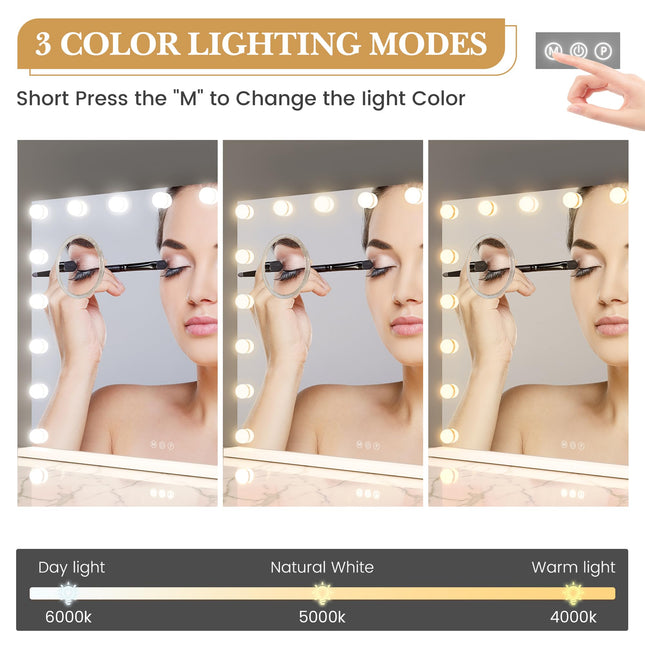 Vanity Mirror with Lights, Large Hollywood Lighted Vanity Mirror with 17 Dimmable LED Bulbs, 3 Color Modes, USB Charging Port, Light up Mirror with Touch Control for Bedroom, Tabletop, 32" x 24"