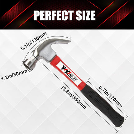 YIYITOOLS Claw Hammer with Fiberglass Handle – 16-oz, Red and Black