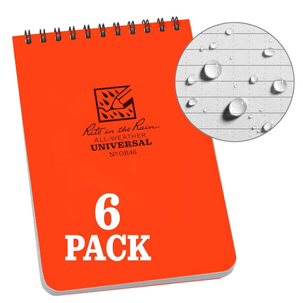 Rite in the Rain Weatherproof Top Spiral Notebook, 4" x 6", Orange Cover, Universal Pattern, 6 Pack (No. OR46L6)