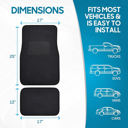 BDK Premium Black Carpet Floor Mats for Cars - Universal Fit Interior 4-Piece Car Mats Full Set with Vinyl Heel Pad Protector - Cute Car Accessories Interior Floor Covers for SUVs & Trucks